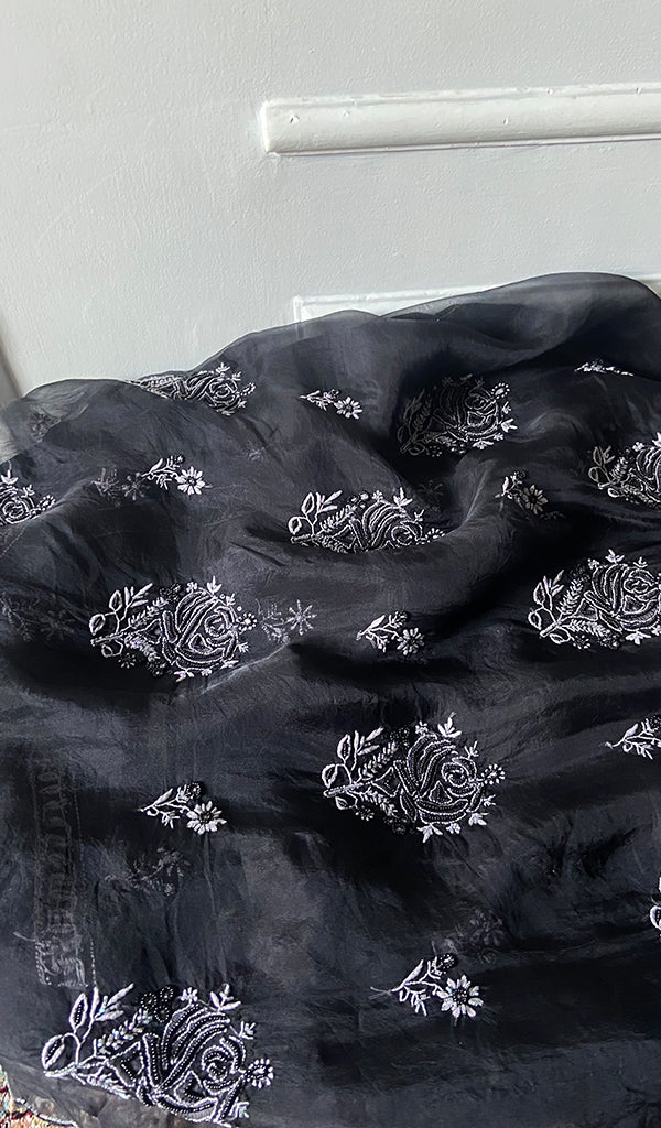 Women's Lakhnavi Handcrafted Pure Organza Chikankari Unstitched Kurta And Dupatta Set- HONC0329215