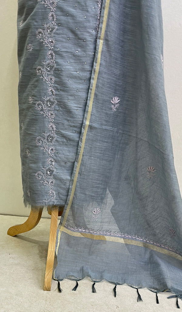 Women's Lakhnavi Handcrafted Chanderi Silk Chikankari Full Suit Material - HONC0126254