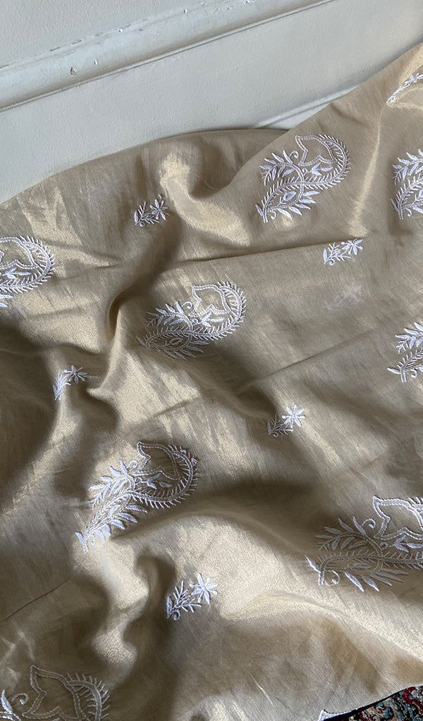 Women's Lakhnavi Handcrafted Tissue Chanderi Unstitched Chikankari Kurta And Dupatta Set - HONC0366822