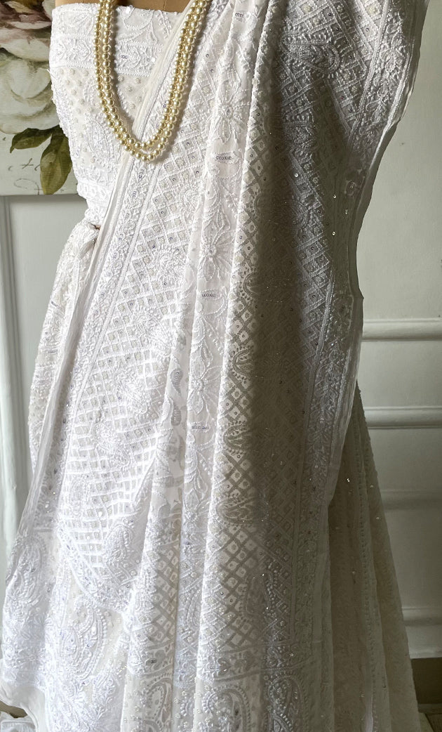 Women's Lakhnavi Handcrafted Bridal Viscose Georgette Chikankari Lehenga Set - HONC0287657