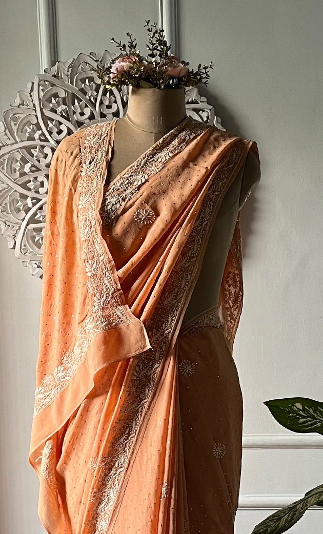 Women's Lakhnavi Handcrafted Pure Silk Georgette Chikankari Saree - HONC0274172