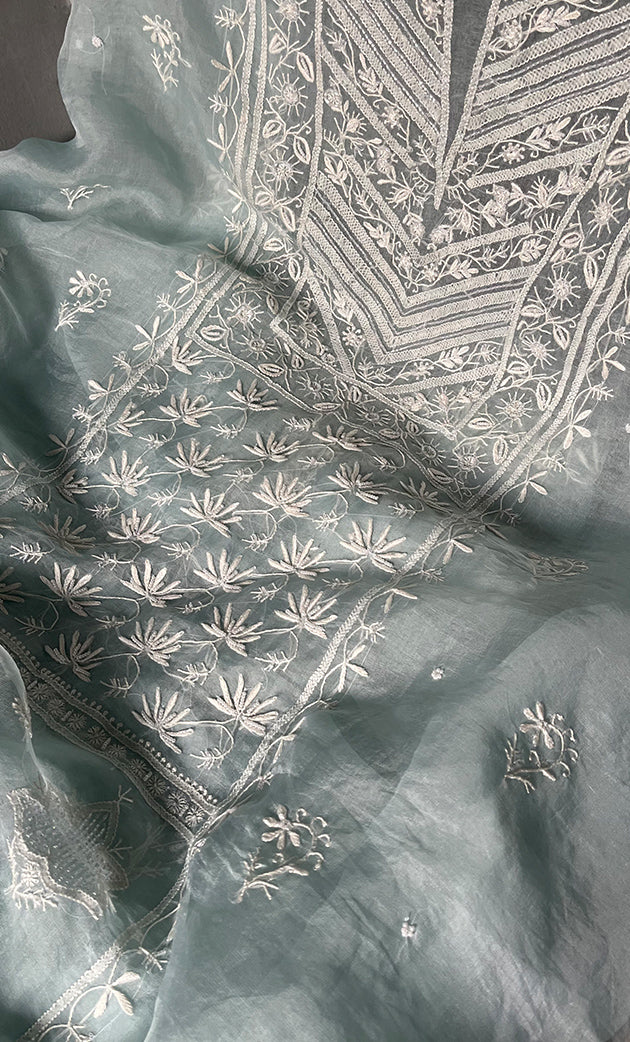 Women's Lakhnavi Handcrafted Pure Organza Chikankari Unstitched Kurta And Dupatta Set- HONC0309613
