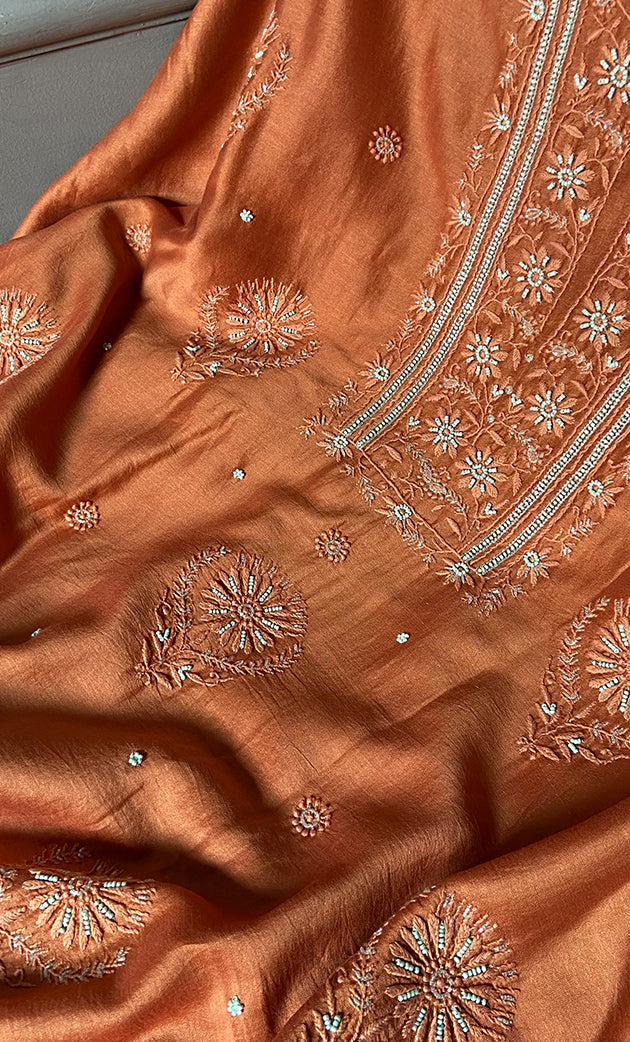 Women's Lucknowi Handcrafted Chanderi Silk Unstitched Chikankari Full Suit Material - HONC018789