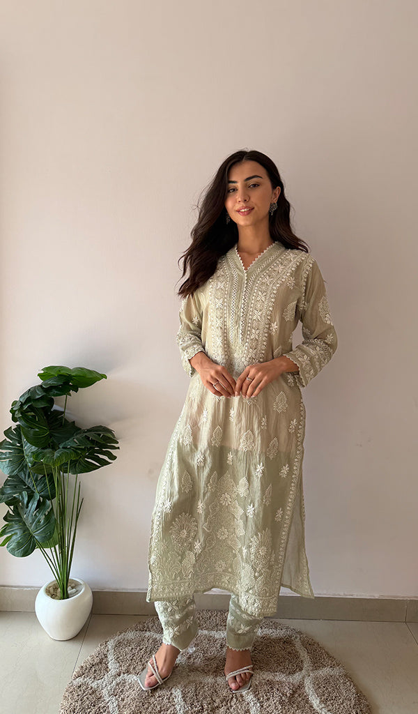 Women's Lucknowi Handcrafted Mul Chanderi Stitched Chikankari Kurta And Plazzo Set- HONC0378820