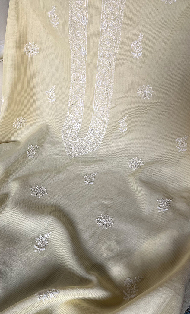 Lucknowi Handcrafted Maheshwari Mul chanderi Chikankari Unstitched Unisex Kurta Fabric - HONC0307159