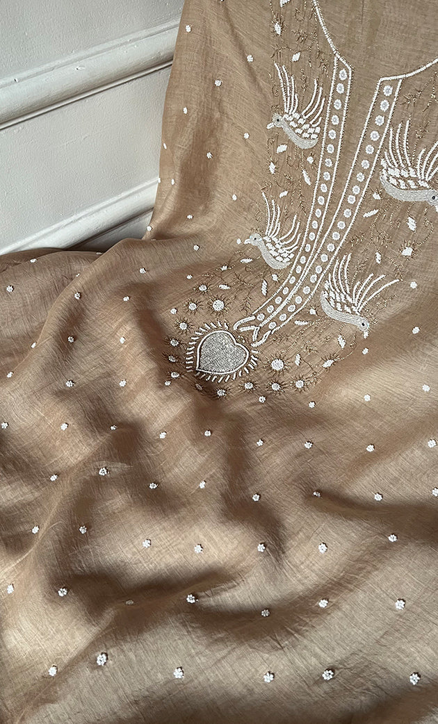 Chidiya Women's Lakhnavi Handcrafted Mul Chanderi Unstitched Chikankari Full Suit Material - HONC0330322