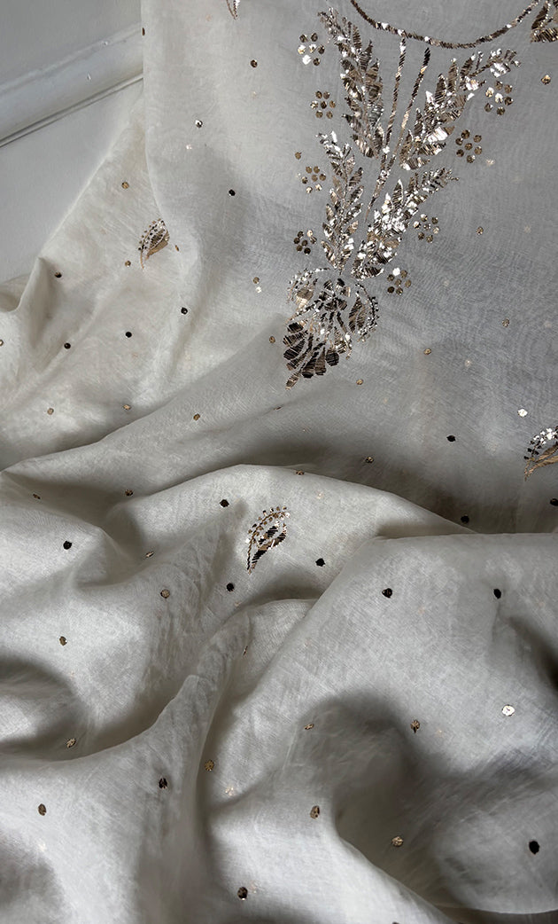 Women's Lakhnavi Handcrafted Unstitched Mul Chanderi Kurta And Dupatta Set - HONC0321821