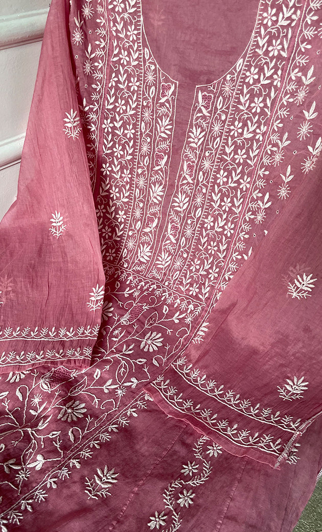 Women's Lakhnavi Handcrafted Mul Chanderi Semi - Stitched Anarkali And Dupatta Set - HONC0304463