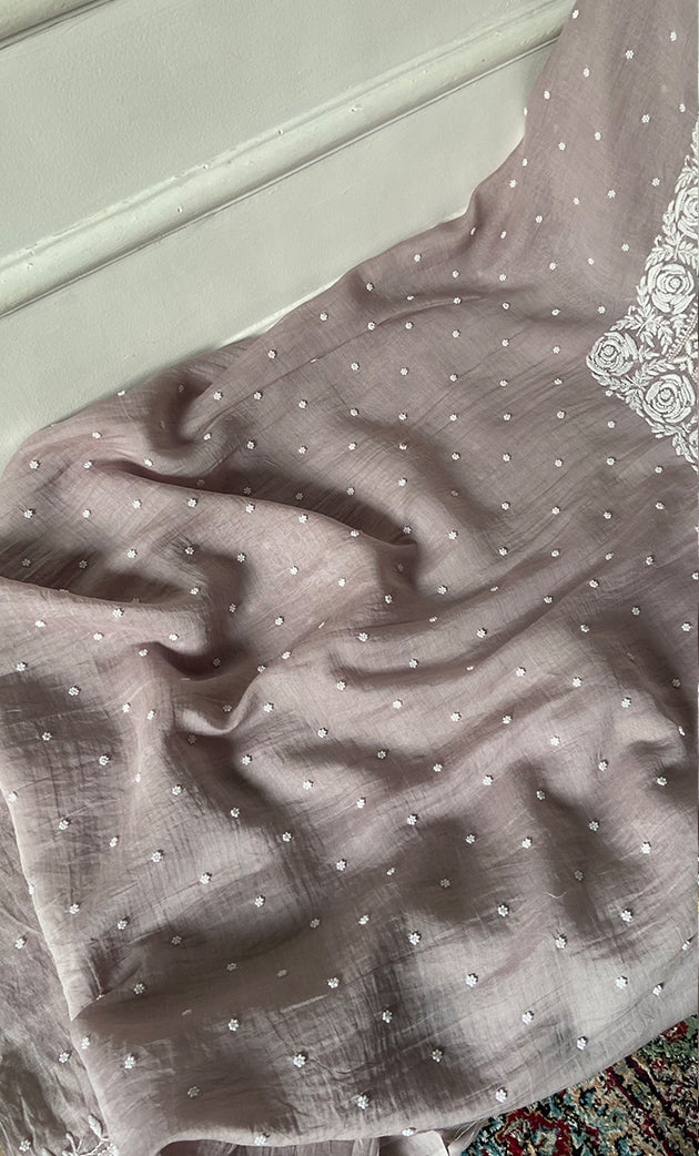 Women's Lakhnavi Handcrafted Unstitchd Mul Chanderi Kurta And Dupatta Set - HONC0338198