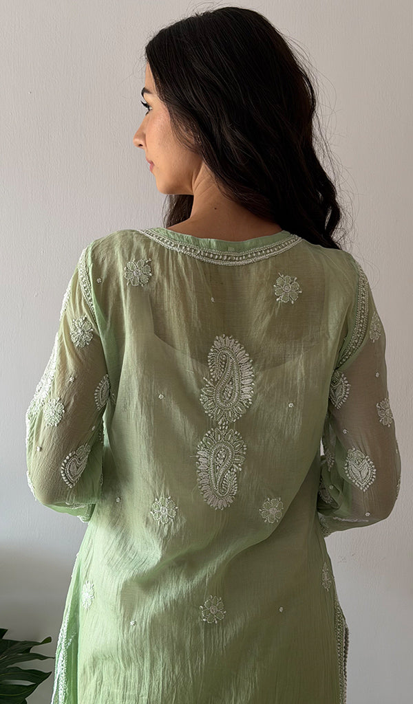 Women's Lucknowi Handcrafted Mul Chanderi Stitched Chikankari Kurta And Plazzo Set- HONC0378791