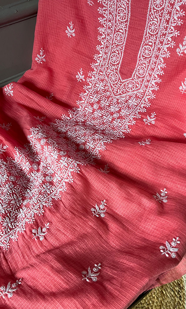 Women's Lucknowi Handcrafted Kota Cotton Chikankari Unstitched  Kurta And Dupatta Set - HONC0305970