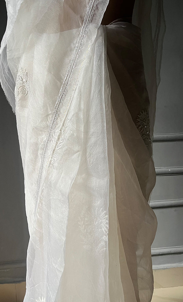 Women's Lucknowi Handcrafted Pure Organza Silk Chikankari Saree - HONC0295371