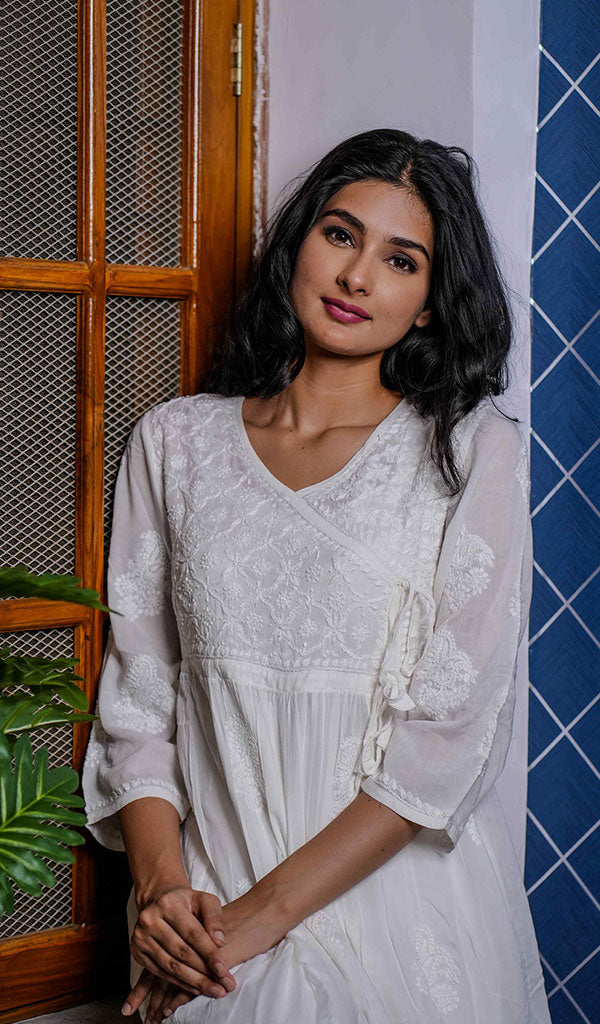 Women's Lucknowi Handcrafted Modal Cotton Chikankari Angrakha - HONC0210167