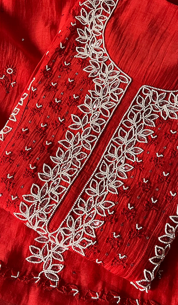 Saziya Women's Lakhnavi Handcrafted Mul Chanderi Semi - Stitched Kurta And Dupatta Set - HONC0270728