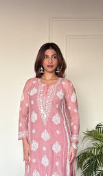 Ira Women's Lucknowi Handcrafted Mul Chanderi Stitched Chikankari Kurta And Plazzo Set .