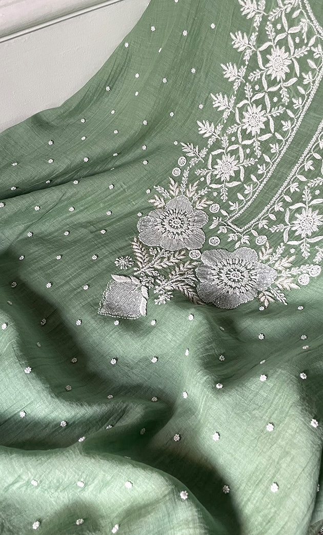 Women's Lakhnavi Handcrafted Mul Chanderi Unstitched Kurta And Dupatta Set- HONC0319681