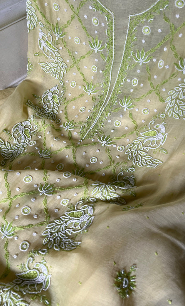 Women's Lakhnavi Handcrafted Mul Chanderi Unstitched Kurta And Dupatta Set - HONC0302266