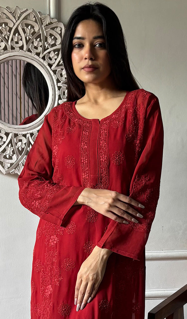 Safiya Women's Lakhnavi Handcrafted Viscose Georgette Chikankari Kurti- HONC0207795