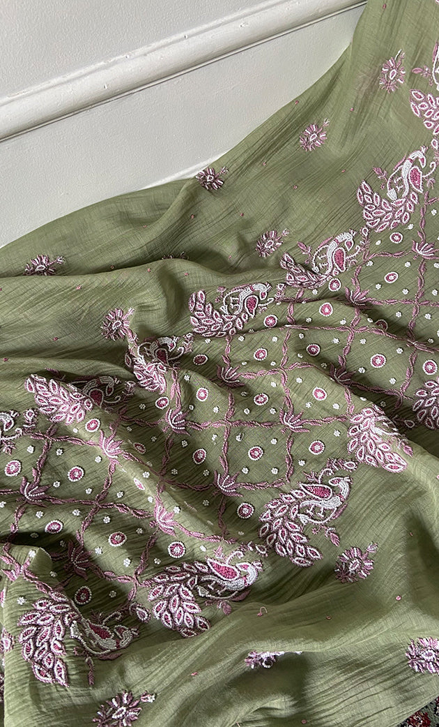 Women's Lakhnavi Handcrafted Mul Chanderi Unstitched Chikankari Full Suit Material - HONC0339572