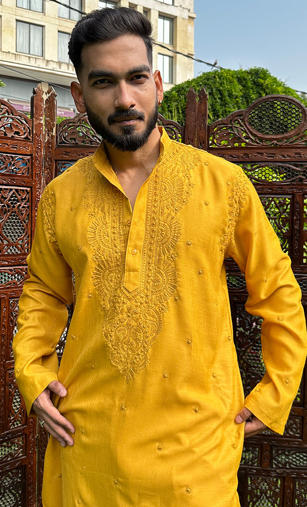 Men's Lucknowi Handcrafted Cotton Chikankari Kurta - HONC0324726
