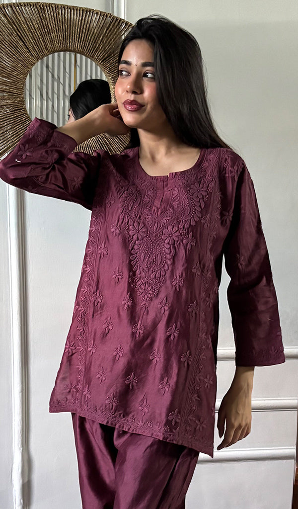 Women's Lakhnavi Handcrafted Chanderi Silk Chikankari Top And Pant Set - HONC0358278