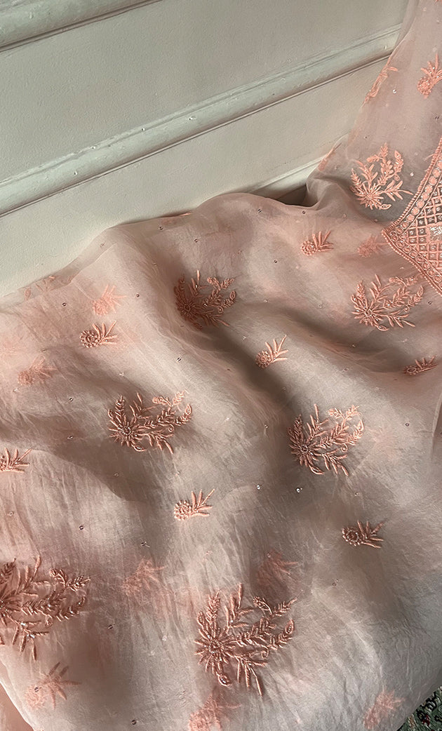 Women's Lakhnavi Handcrafted Pure Organza Chikankari Unstitched Kurta And Dupatta Set- HONC0328269