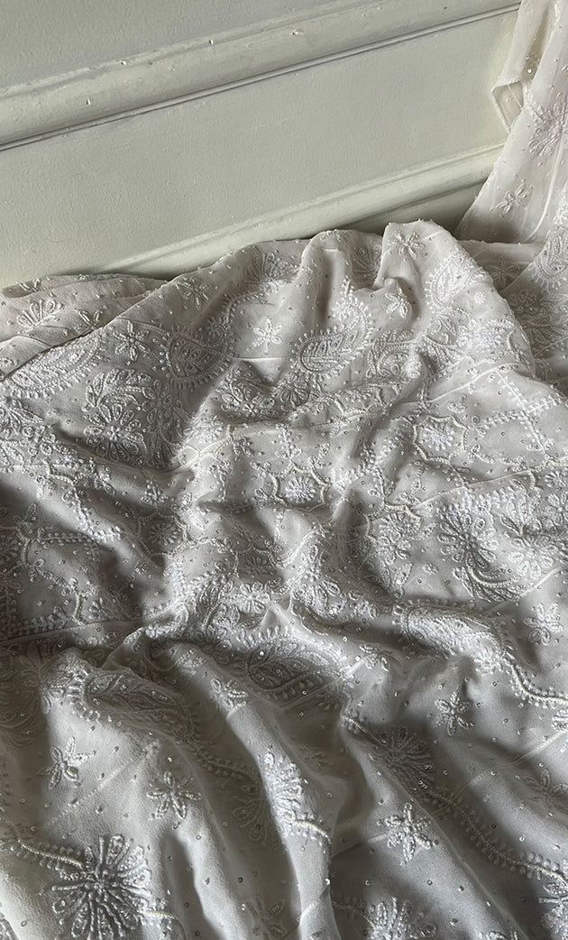 Women's Lakhnavi Handcrafted Pure Silk Georgette Chikankari  Unstitched Anarkali And Dupatta Set- HONC0321064