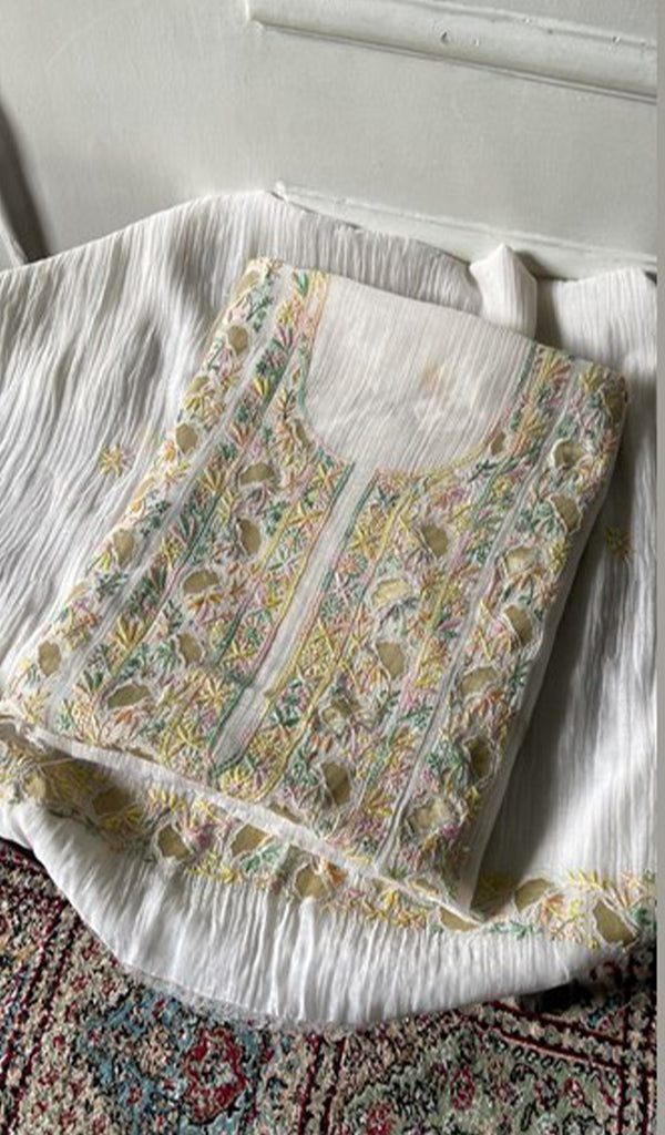 White Pure Mul Chanderi Chikankari 2 Pc Unstitched Suit Set — Gold Multicoloured Work