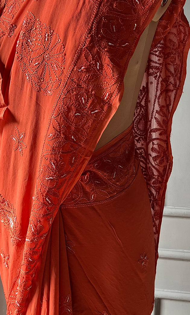 Women's Lakhnavi Handcrafted Viscose Georgette Chikankari Saree - HONC0290058