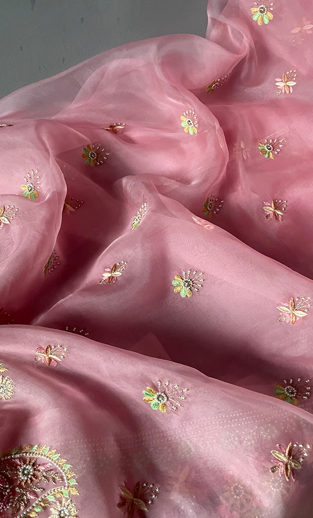Women's Lakhnavi Handcrafted Pure Organza Silk Chikankari Unstitched Full Suit Material - HONC0267232