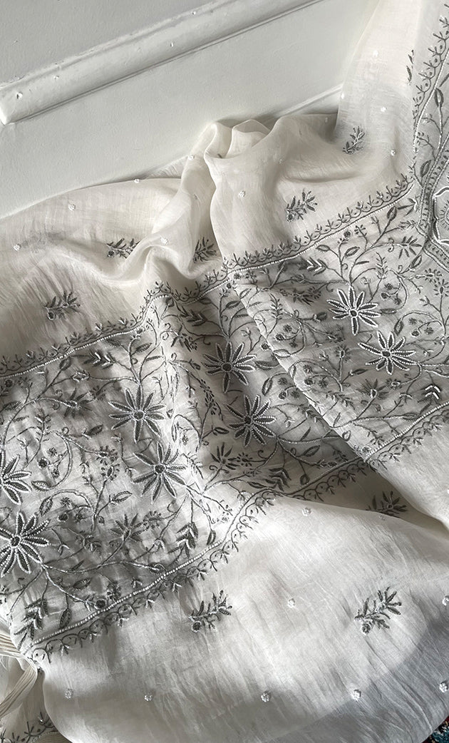 Women's Lakhnavi Handcrafted Unstitched Mul Chanderi Kurta And Dupatta Set - HONC0327483