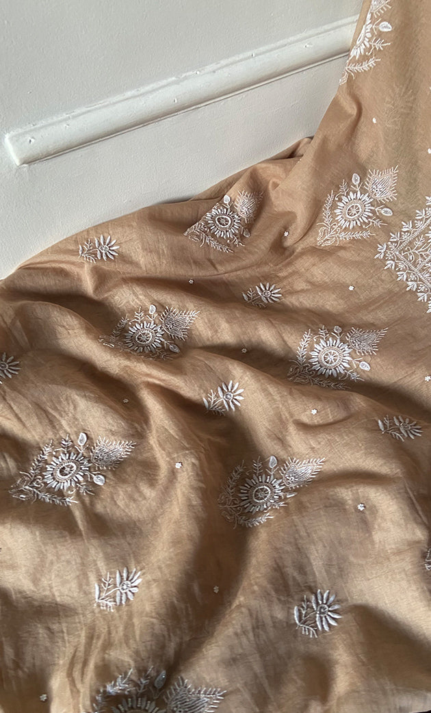 Women's Lakhnavi Handcrafted Mul Chanderi Unstitched Chikankari Full Suit Material - HONC0328323