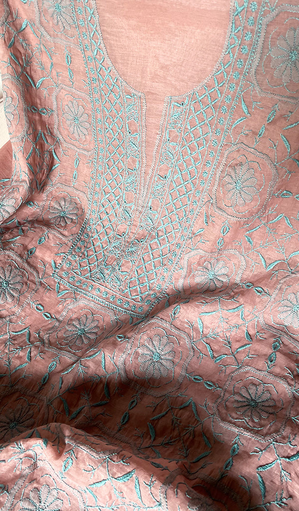Women's Lakhnavi Handcrafted Mul Chanderi Unstitched Chikankari Full Suit Material - HONC0319508