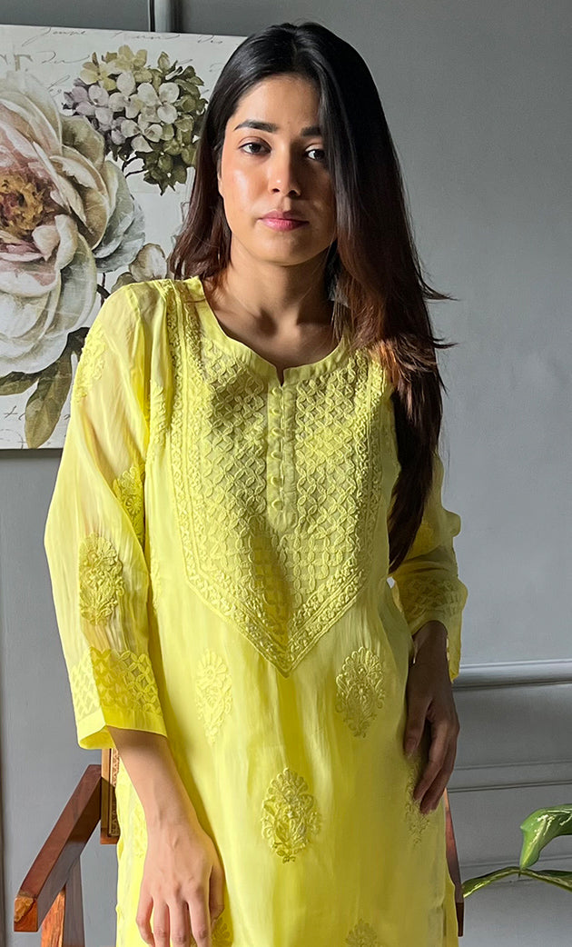 Umnaaz Women's Lakhnavi Handcrafted Organza Chikankari Kurti- HONC0115941