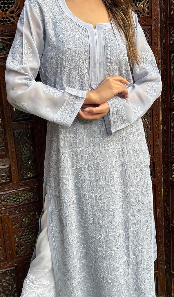 Women's Lakhnavi Handcrafted Viscose Georgette Chikankari Kurti - HONC0204867