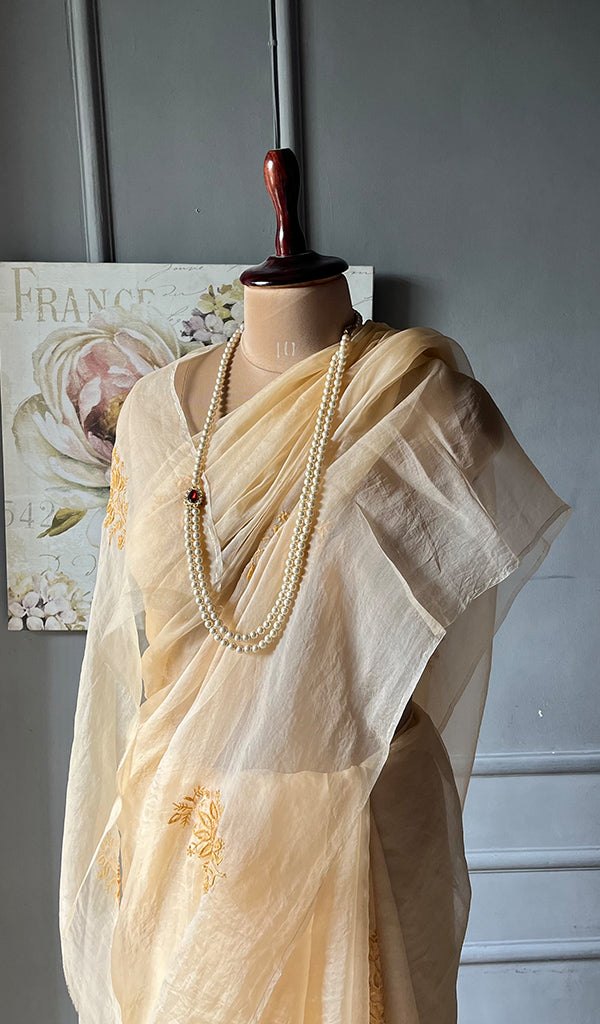 Women's Lucknowi Handcrafted Pure Organza Silk Chikankari Saree - HONC0268557