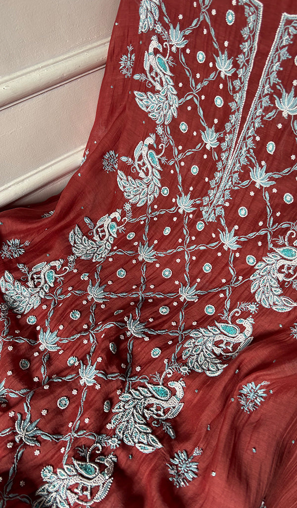 Shirin Women's Lakhnavi Handcrafted Mul Chanderi Unstitched Chikankari Full Suit Material - HONC0339570