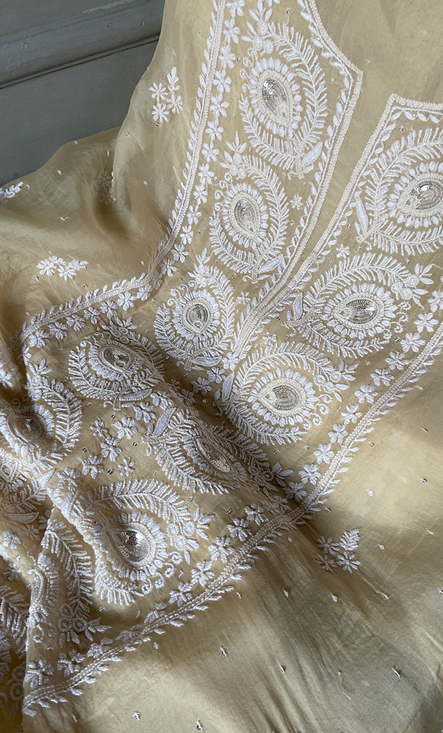 Women's Lakhnavi Handcrafted Pure Organza Chikankari Unstitched Kurta And Dupatta Set- HONC0304149