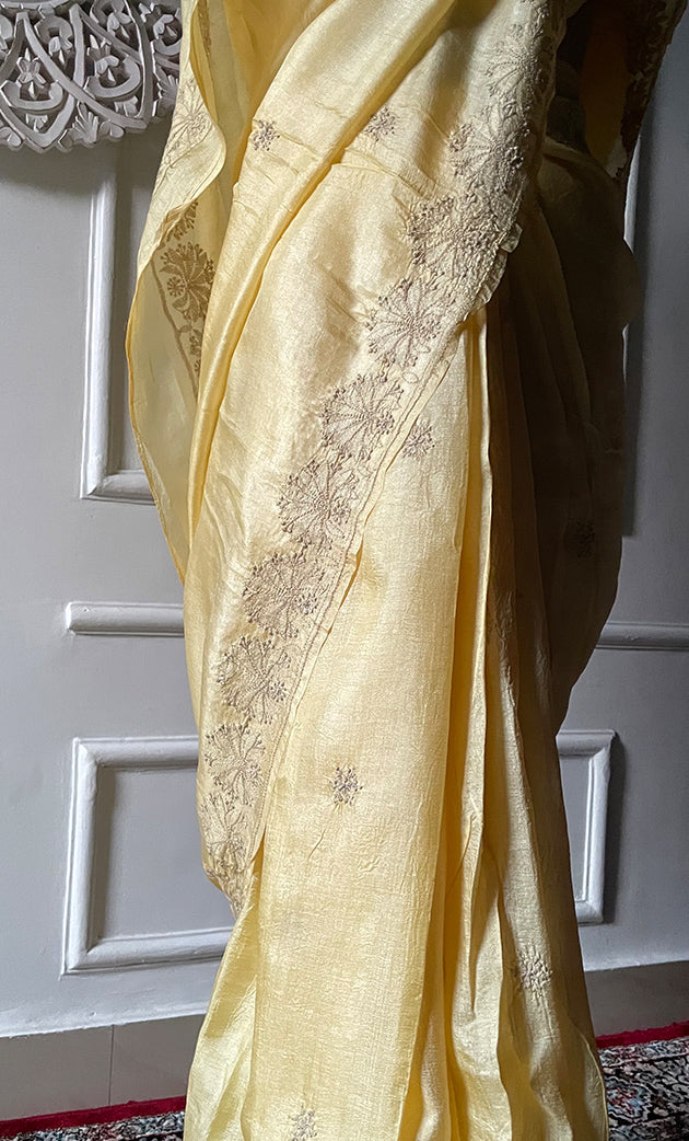 Women's Lakhnavi Handcrafted Tussar Silk Chikankari Saree - HONC0284145