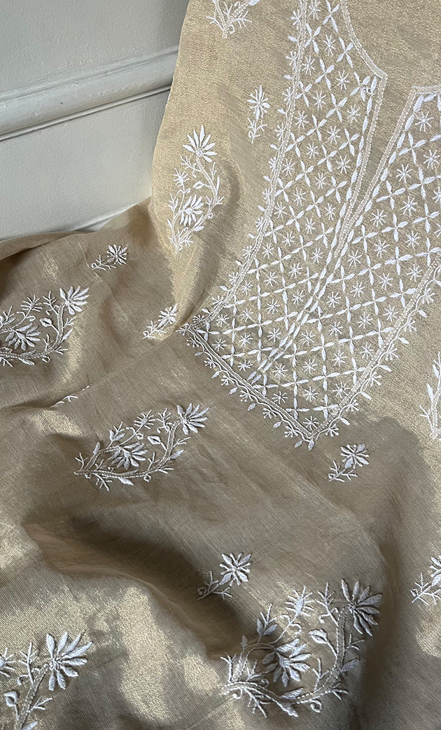 Women's Lakhnavi Handcrafted Tissue Chanderi Unstitched Chikankari Kurta And Dupatta Set - HONC0328101