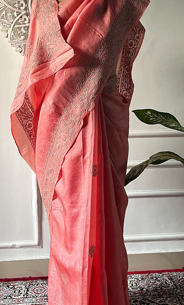 Women's Lakhnavi Handcrafted Tussar Silk Chikankari Saree - HONC0313444