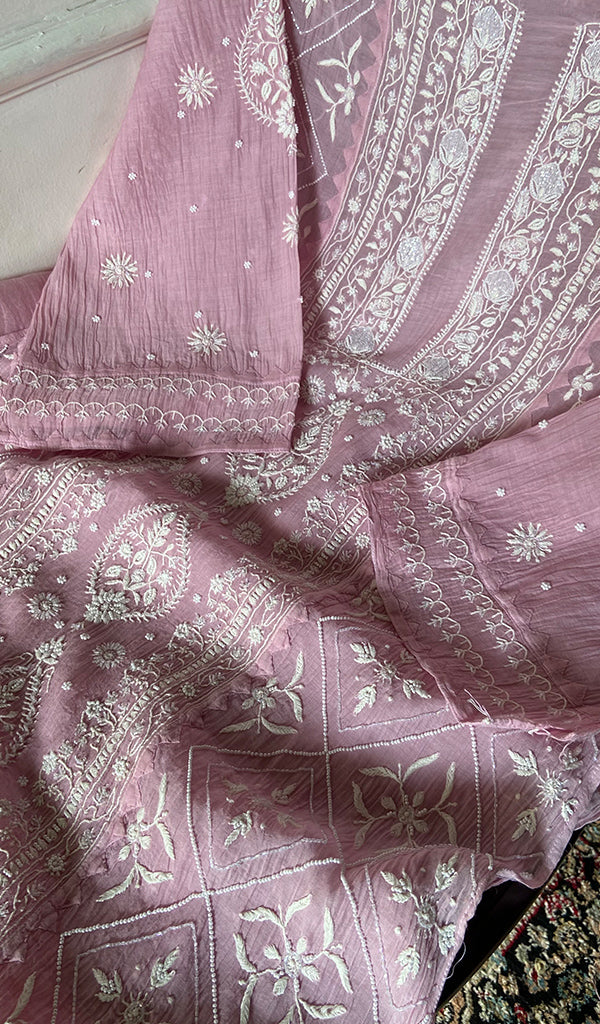 Women's Lakhnavi Handcrafted Mul Chanderi Semi - Stitched Chikankari Full Suit Material - HONC0360100