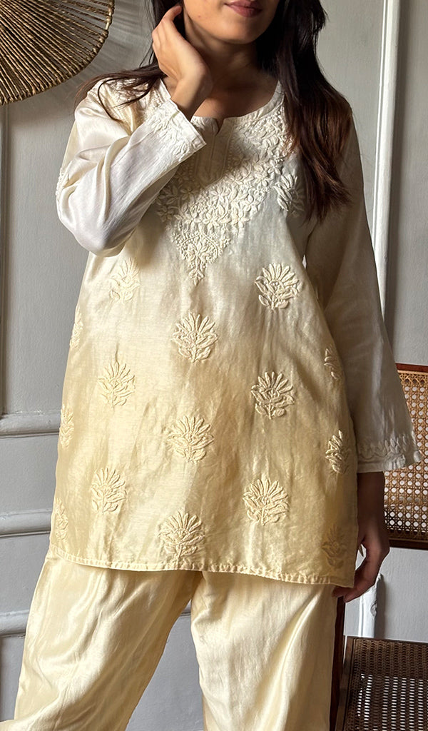Women's Lakhnavi Handcrafted Chanderi Silk Chikankari Top And Pant Set - HONC0360731