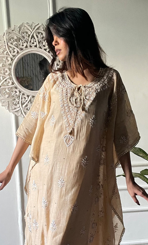 Medha Women's Lucknowi Handcrafted Mul chanderi Chikankari Kaftan - HONC0318263
