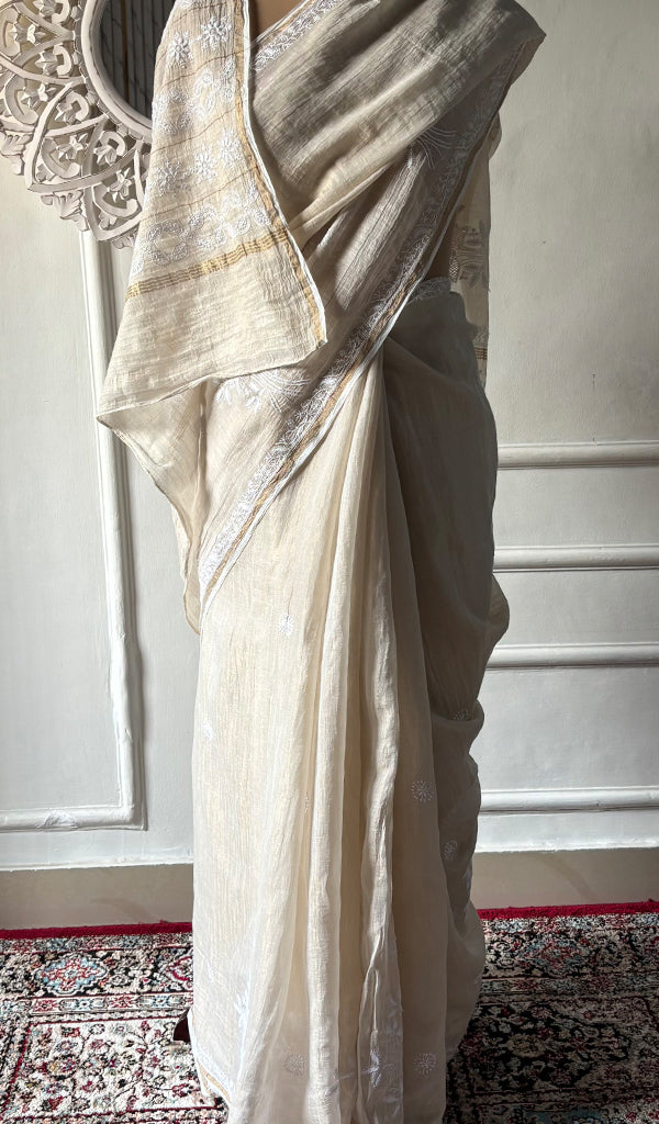 Women's Lakhnavi Handcrafted Tissue Chanderi Chikankari Saree - HONC0350401