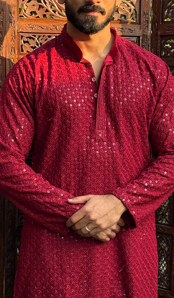 Men's Faux-Georgette Hakoba Kurta - HONC0266668