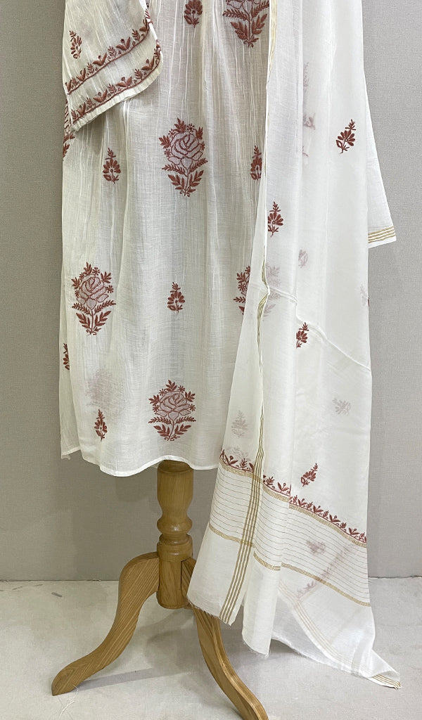 Women's Lakhnavi Handcrafted Mul Chanderi Semi - Stitched Kurta And Dupatta Set- HONC0166778