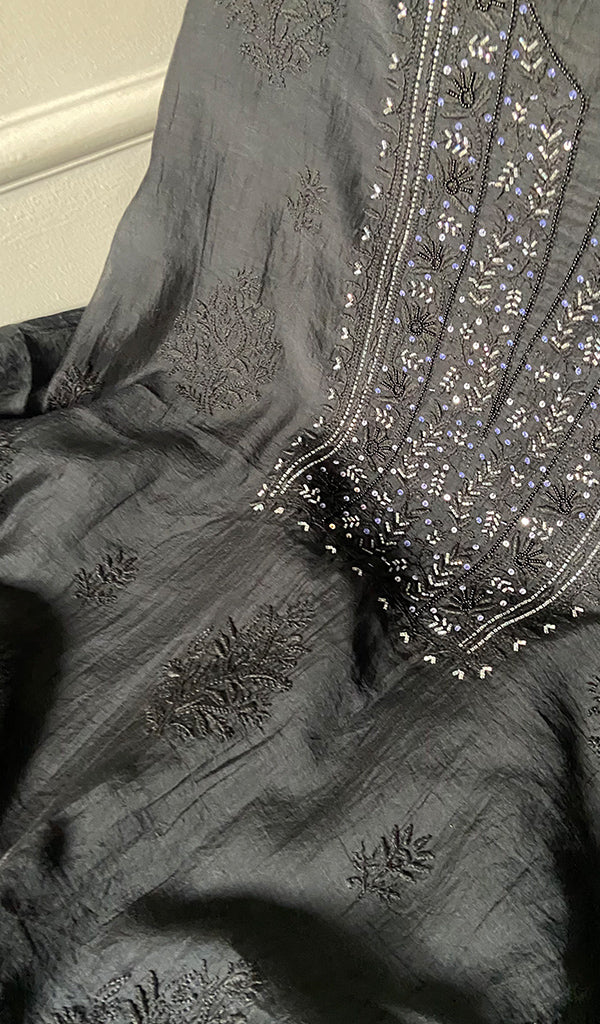 Women's Lakhnavi Handcrafted Mul Chanderi Unstitched Chikankari Full Suit Material - HONC0345041