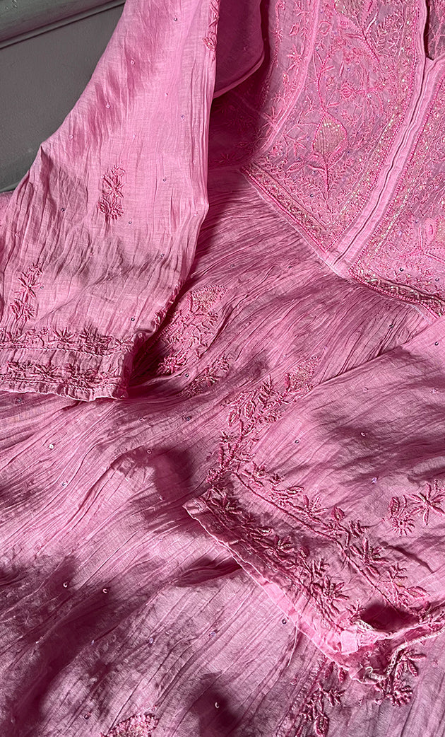 Women's Lakhnavi Handcrafted Mul Chanderi Semi - Stitched Anarkali And Dupatta Set - HONC0294458