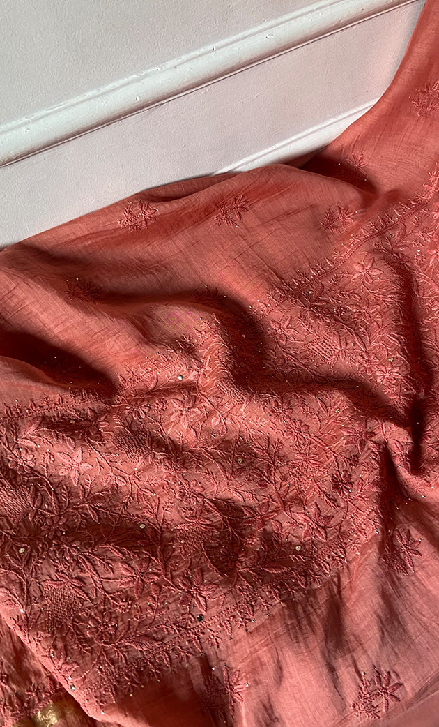 Women's Lakhnavi Handcrafted Mul Chanderi Unstitched Chikankari Full Suit Material - HONC0324499